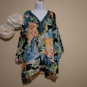 2X Cold Shoulder Sheer Tropical Blouse with beads